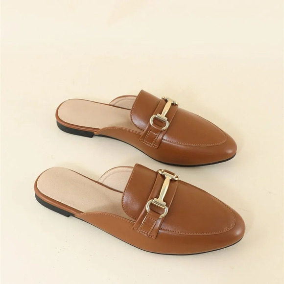 Brown Elegant Women's Metal Decor Flat Mules - Picture 6 of 8